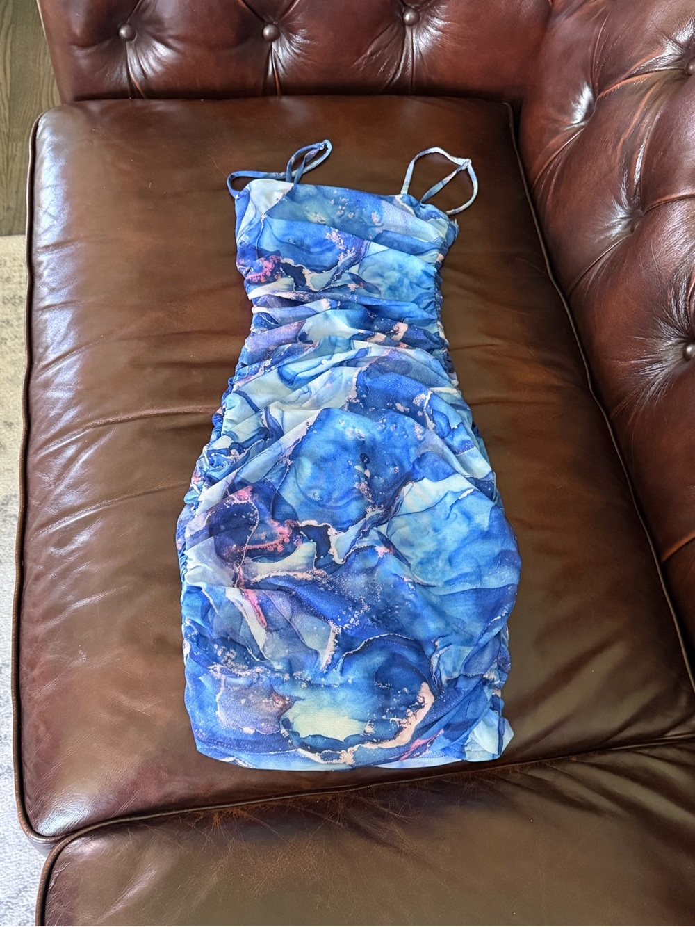 Windsor Blue Marble-Print Ruched Mini Dress